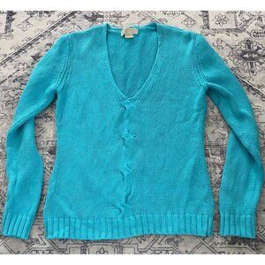 Michael Kors Womens XL Turquoise V-Neck Sweater Blue Cable Knit 100% Cotton